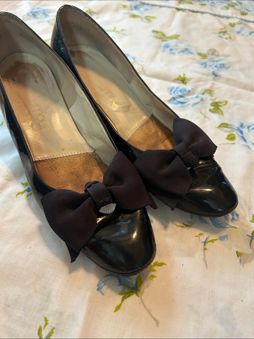 Vintage Mour Black Patent Leather Bow Pumps Mod Coquette Est Size 7/7.5